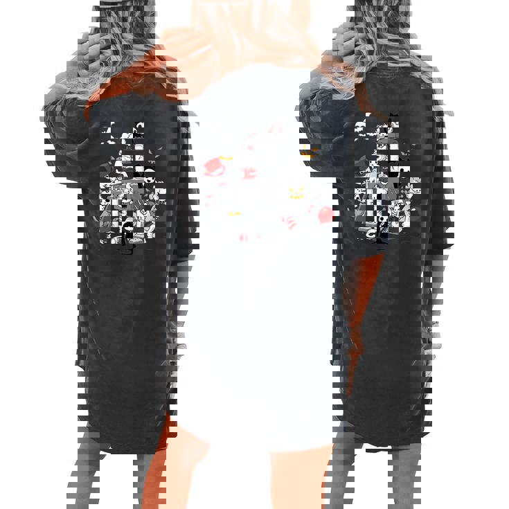 Cats In Horror Movie Costumes On Cat Condo Halloween Halloween  Women's Oversized Comfort T-shirt Back Print