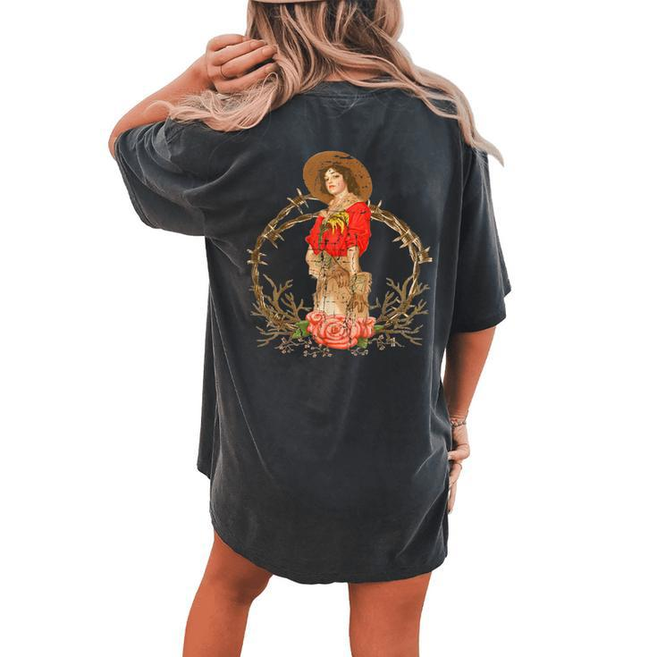 Cowgirl Distressed Barbwire Roses Guns And Horses Women's Oversized Comfort T-Shirt Back Print