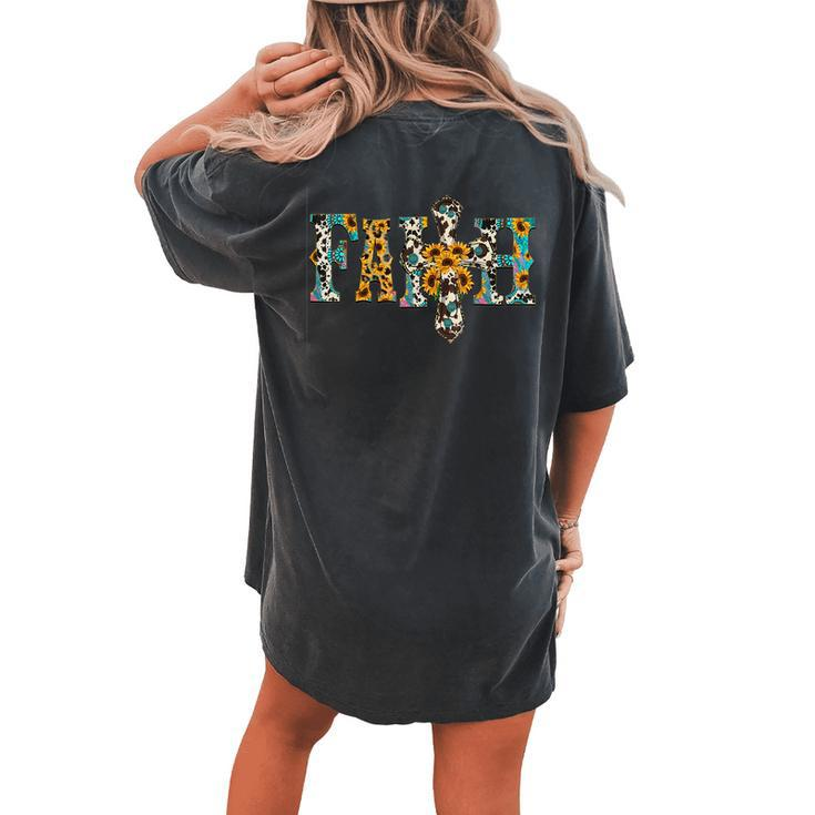 Cowhide Sunflowers Turquoise Faith Cross Jesus Cowgirl Rodeo Women's Oversized Comfort T-Shirt Back Print