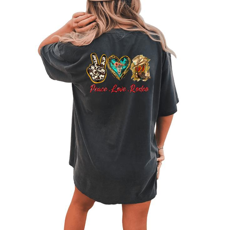 Cowhide Turquoise Cowgirl Cowboy Boots Peace Love Rodeo Girl Women's Oversized Comfort T-Shirt Back Print