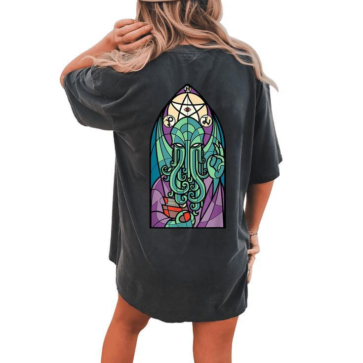 Cthulhu Church Stained Glass Cosmic Horror Monster Church Women's Oversized Comfort T-shirt Back Print