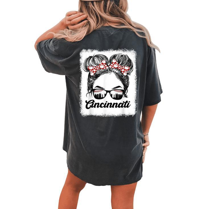 Cute Messy Bun Cincinnati Retro Baseball Lover Game Day Women's Oversized Comfort T-shirt Back Print