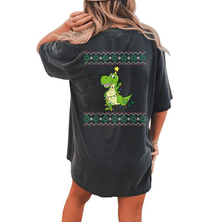Dinosaur Ugly Sweater Christmas Lights Dinosaur Women's Oversized Comfort T-shirt Back Print