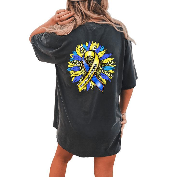 Down Syndrome Awareness Leopard Sunflower Yellow Blue Ribbon Women's Oversized Comfort T-Shirt Back Print