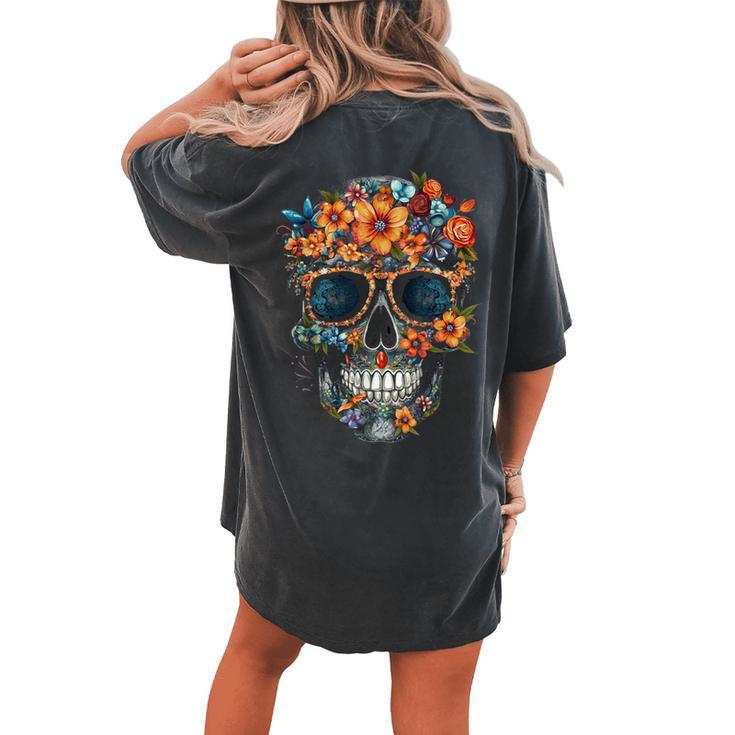 Floral Mexican Skull Day Of The Dead Dia De Muertos Women's Oversized Comfort T-shirt Back Print