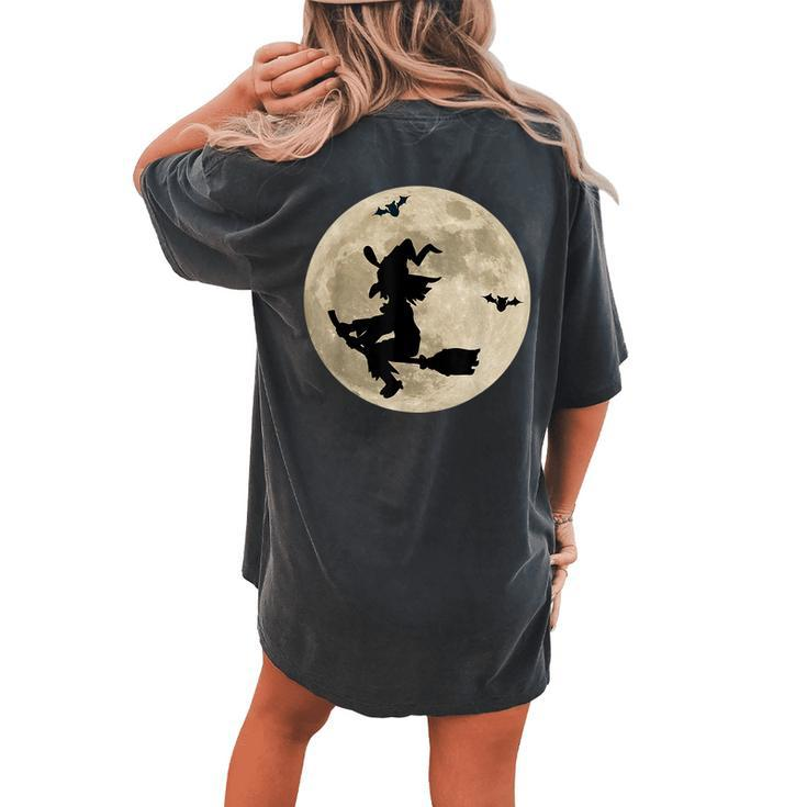 Full Moon Witch On Broomstick Bats Space Halloween Halloween Women's Oversized Comfort T-shirt Back Print