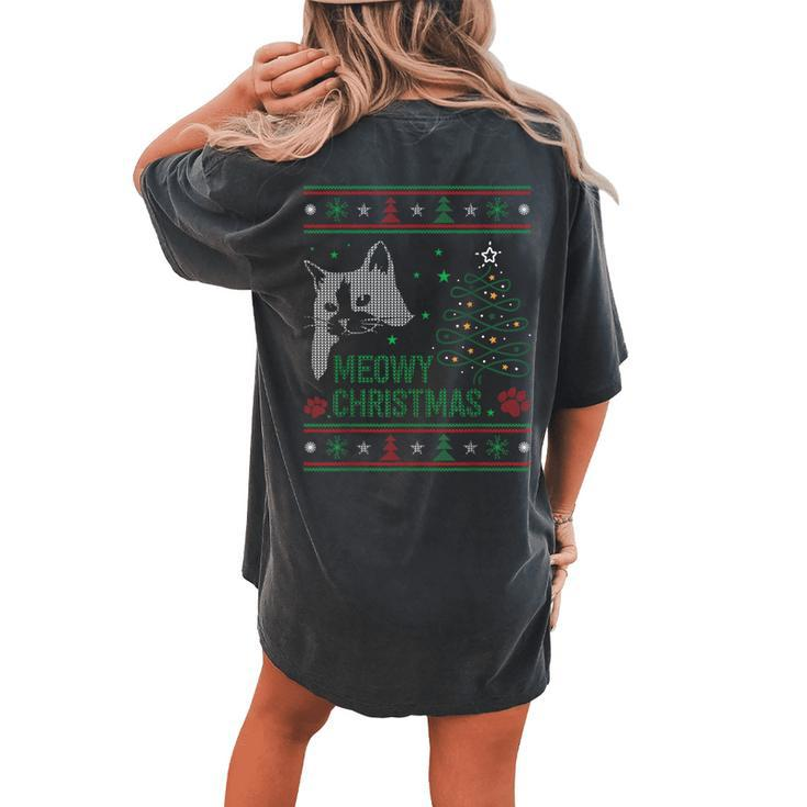 Ugly Christmas Sweater Meowy Catmas Merry Catmas Xmas Women's Oversized Comfort T-shirt Back Print