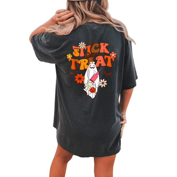 Groovy Stick Or Treat Er Tech Fall Autumn Nurse Halloween Women's Oversized Comfort T-shirt Back Print