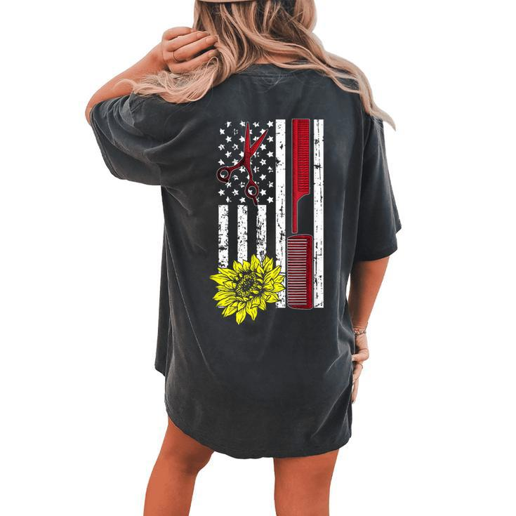 Hairdresser American Flag Sunflower Cool Hair Stylist Women's Oversized Comfort T-Shirt Back Print