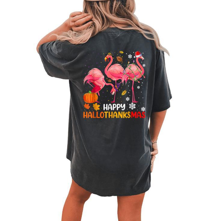 Happy Hallothanksmas Flamingo Halloween Thanksgiving Women's Oversized Comfort T-shirt Back Print
