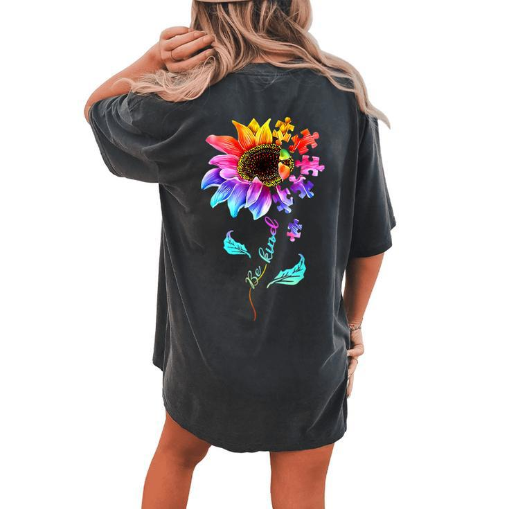 Be Kind Autism Awareness Women Girls Sunflower Puzzle Women's Oversized Comfort T-Shirt Back Print