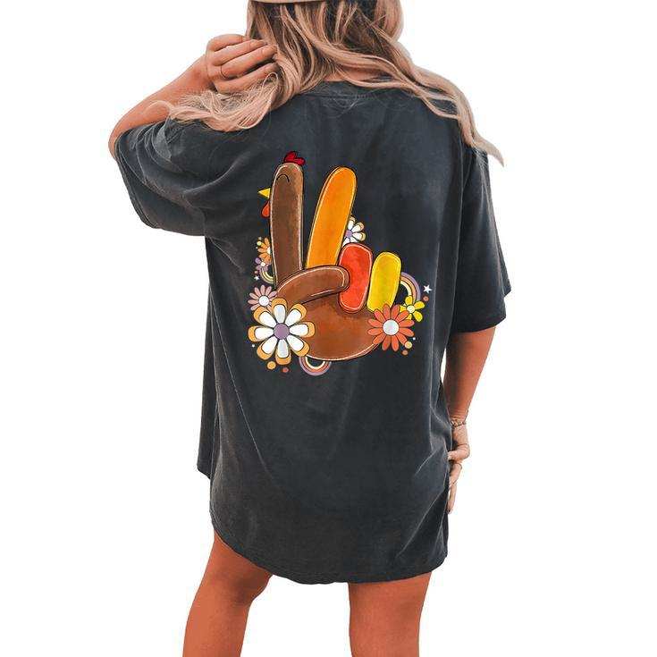 Retro Groovy Peace Turkey Grateful Hand Sign Thanksgiving Women's Oversized Comfort T-shirt Back Print