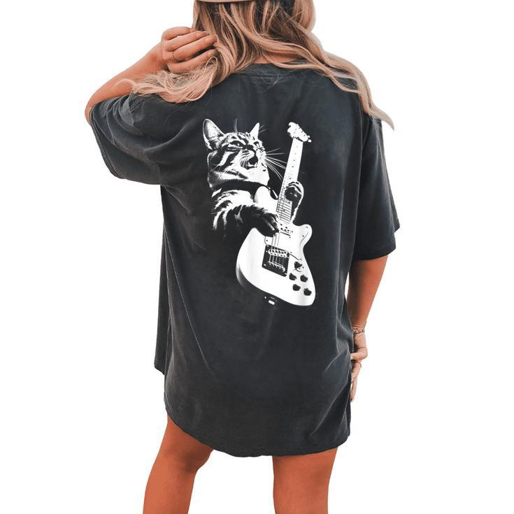 Rock Cat Playing Guitar - Funny Guitar Cat  Women Oversized Back Print Comfort T-shirt