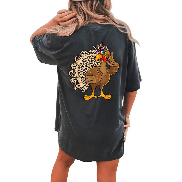 Thanksgiving Turkey Girl Leopard Print Autumn Fall Women's Oversized Comfort T-shirt Back Print