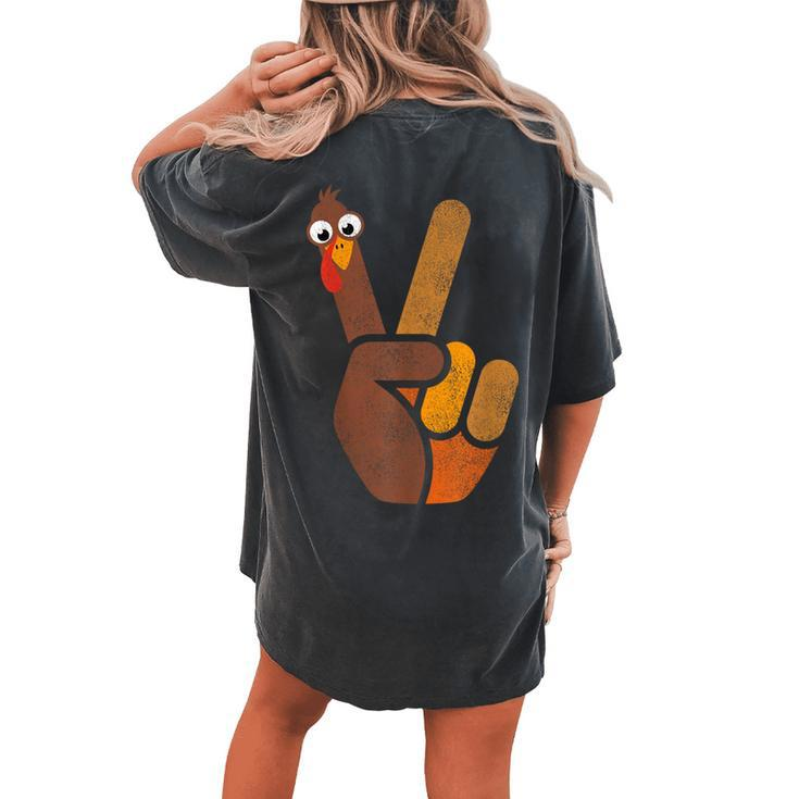 Turkey Hippie Peace Sign Graphic Fall Thanksgiving Women's Oversized Comfort T-shirt Back Print