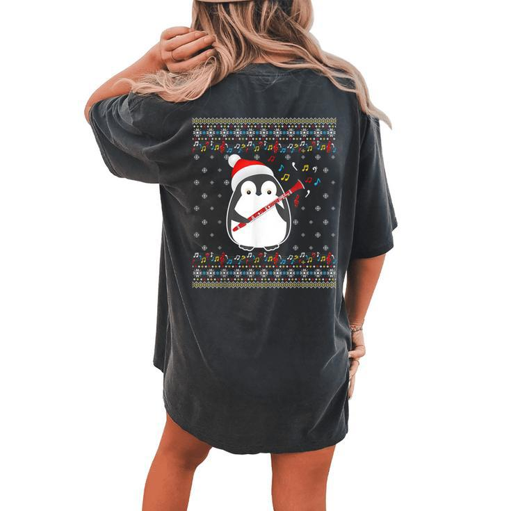 Ugly Christmas Ugly Xmas Sweater Penguin Clarinet Player Women's Oversized Comfort T-shirt Back Print