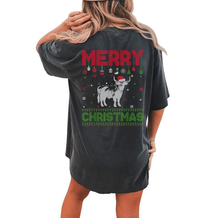 Ugly Holiday Sweater Christmas Highland Cow Graphic Women's Oversized Comfort T-shirt Back Print