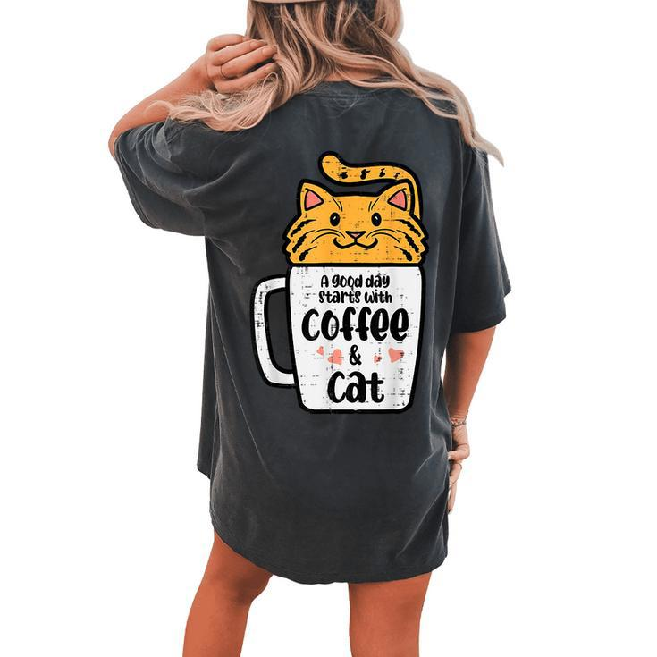 Good Day Starts With Coffee Cat Cute Kitten Girls N Women's Oversized Comfort T-shirt Back Print