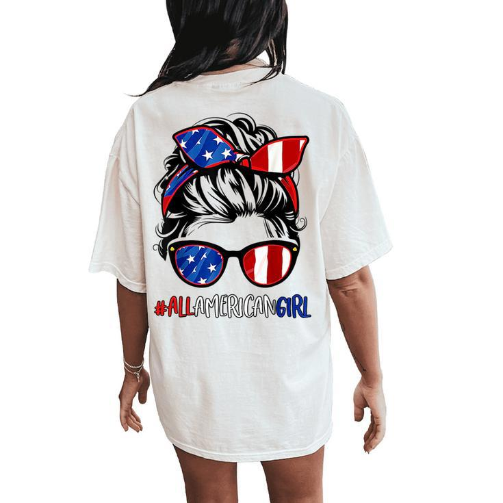 All American Girl 4Th Of July  Women Messy Bun Usa Flag  Women's Oversized Graphic Back Print Comfort T-shirt