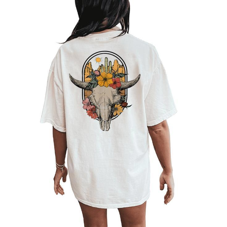 Country Retro Vintage Boho Cow Bull Skull With Cactus Floral Women's Oversized Comfort T-Shirt Back Print