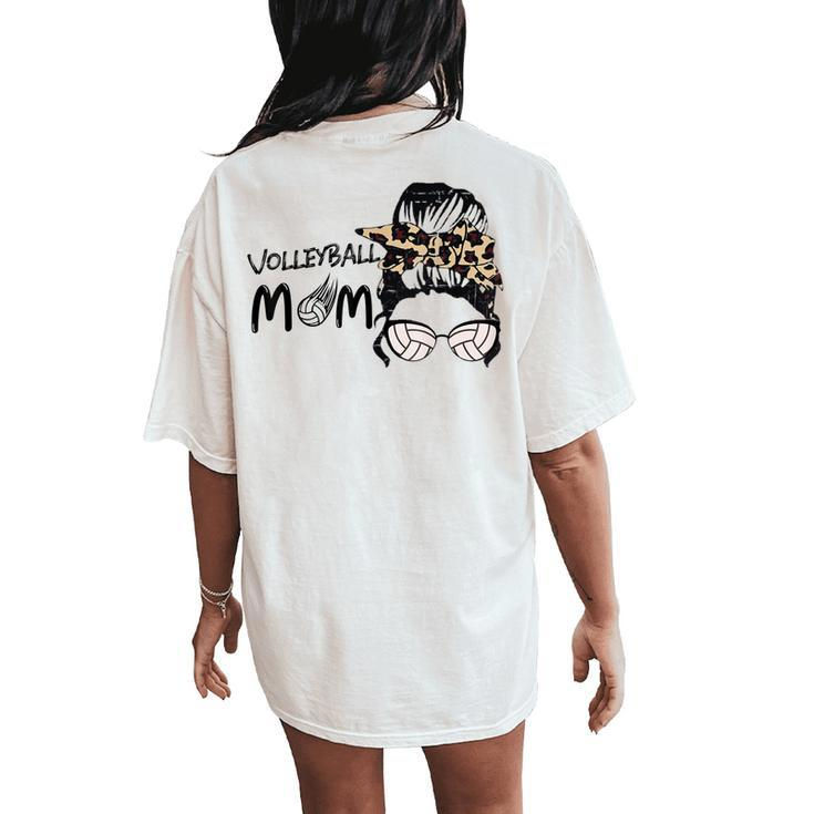 Cute Volleyball Mom Leopard Print Messy Bun Women's Oversized Comfort T-Shirt Back Print