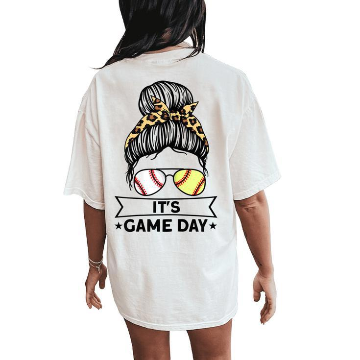 Its Game Day Messy Bun Baseball Softball Women's Oversized Comfort T-Shirt Back Print