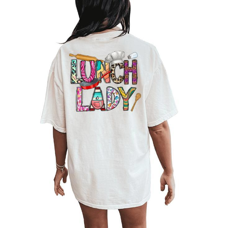 Retro Western Cowhide Leopard Lunch Lady Job Appreciation Women's Oversized Comfort T-Shirt Back Print