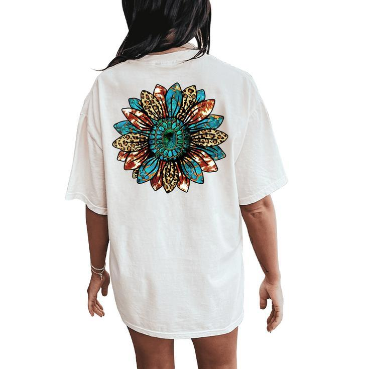 Western Country Texas Cowgirl Turquoise Cowhide Sunflower Women's Oversized Comfort T-Shirt Back Print