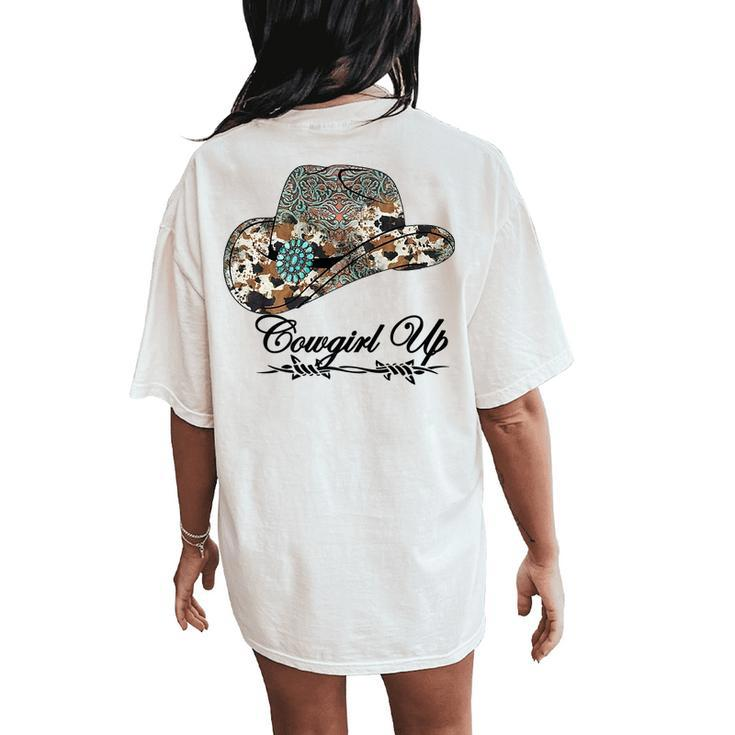 Western Cowgirl Up Leopard Turquoise Hat Cowhide Rodeo Women's Oversized Comfort T-Shirt Back Print