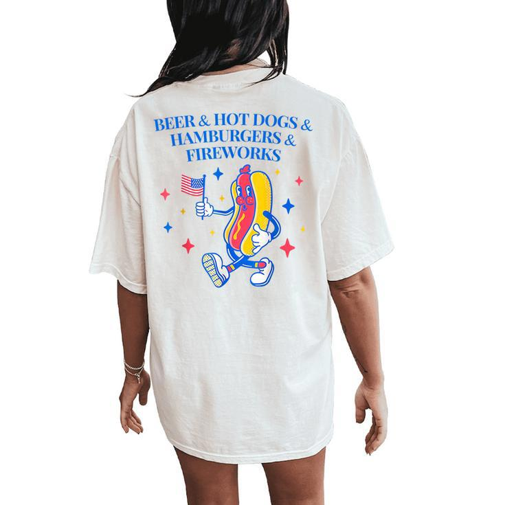 Beer & Hot Dogs & Hamburgers & Fireworks Funny 4Th Of July Women's Oversized Graphic Back Print Comfort T-shirt