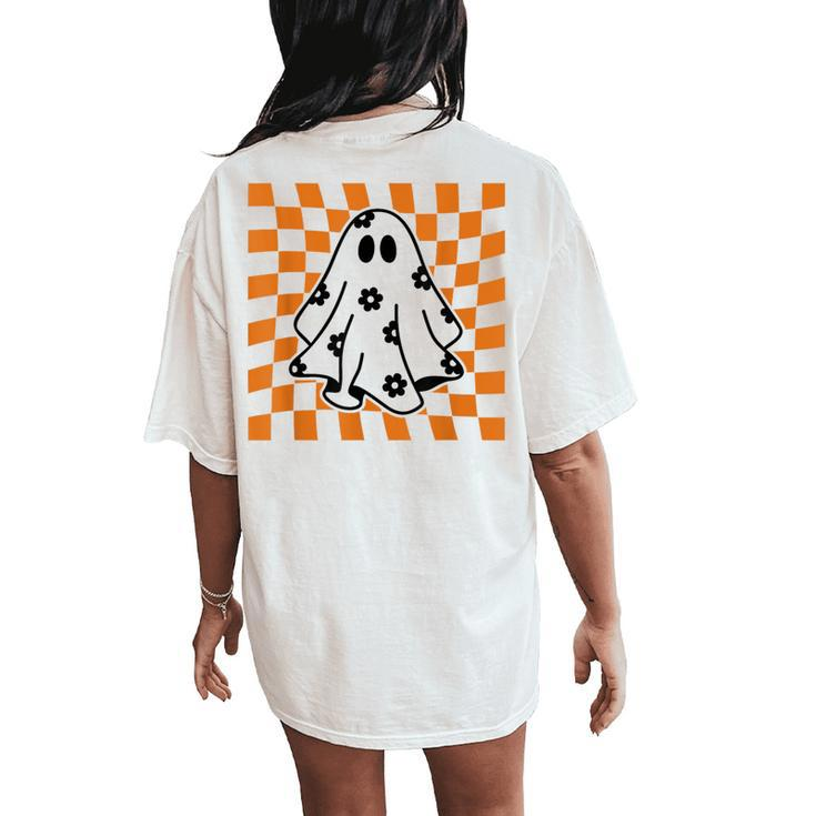 Checkered Daisy Ghost Floral Ghost Halloween Groovy Ghost Women's Oversized Comfort T-Shirt Back Print
