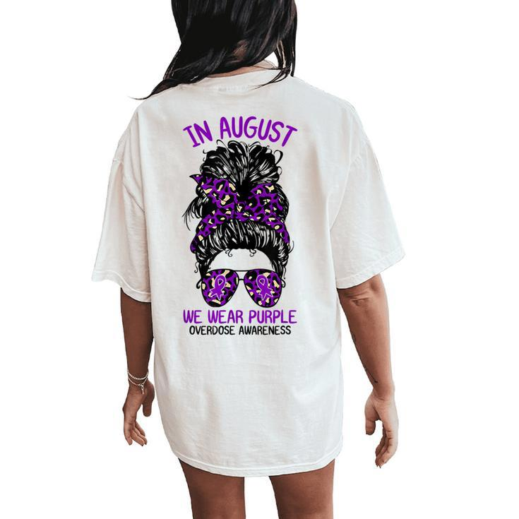 In August We Wear Purple Ribbon Overdose Awareness Messy Bun Women's Oversized Comfort T-Shirt Back Print