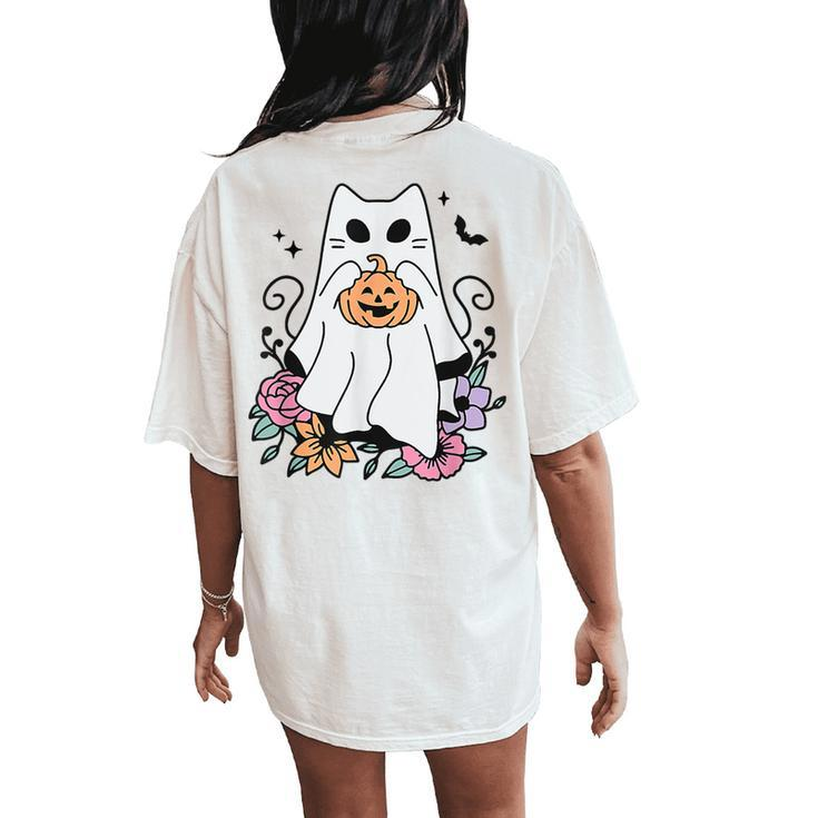 Cat Ghosts Boo Halloween Retro Pumpkin Floral Flowers Women's Oversized Comfort T-Shirt Back Print