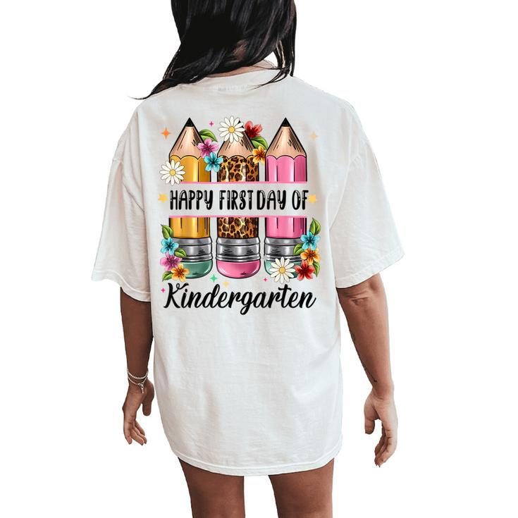 First Day Kindergarten Teacher Leopard Pencil Back To School Women's Oversized Comfort T-Shirt Back Print