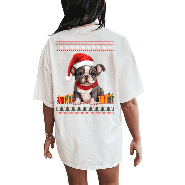 French Bulldog Christmas Santa Hat Ugly Christmas Sweater Women's Oversized Comfort T-Shirt Back Print