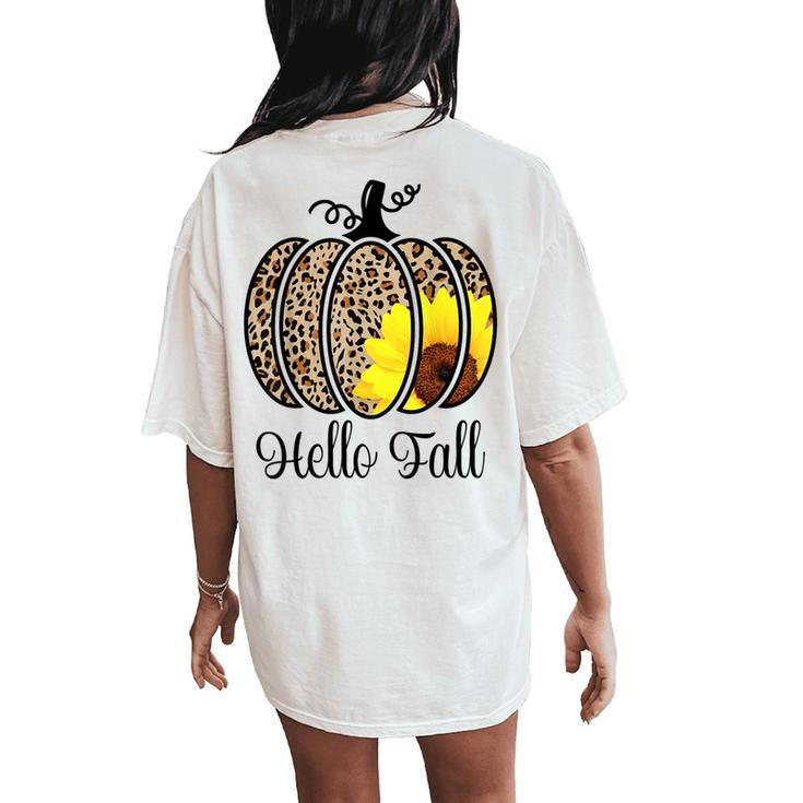 Hello Fall Sunflower Pumpkin Fall Y'all Leopard Autumn Women's Oversized Comfort T-Shirt Back Print