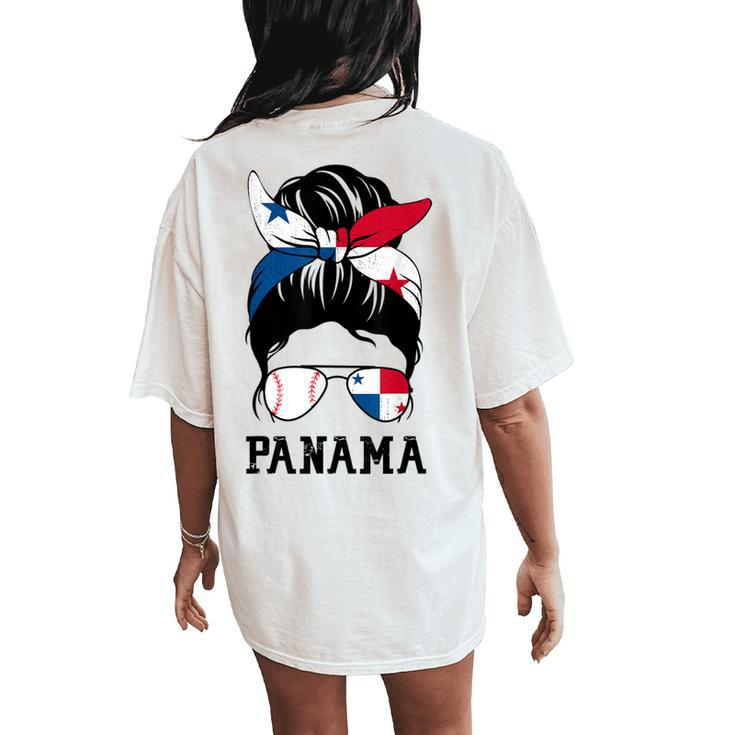 Panamanian Baseball Fan Girl Mom Messy Bun Panama Flag Women's Oversized Comfort T-Shirt Back Print