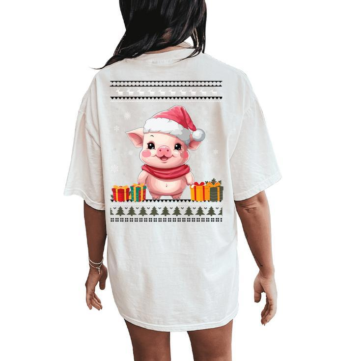 Pig Christmas Santa Hat Ugly Christmas Sweater Women's Oversized Comfort T-Shirt Back Print
