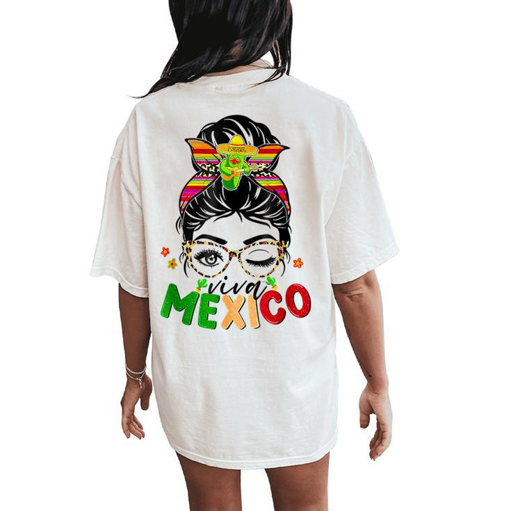 Retro Viva Mexico Messy Bun Mexican Flag Pride Girls Women's Oversized Comfort T-Shirt Back Print