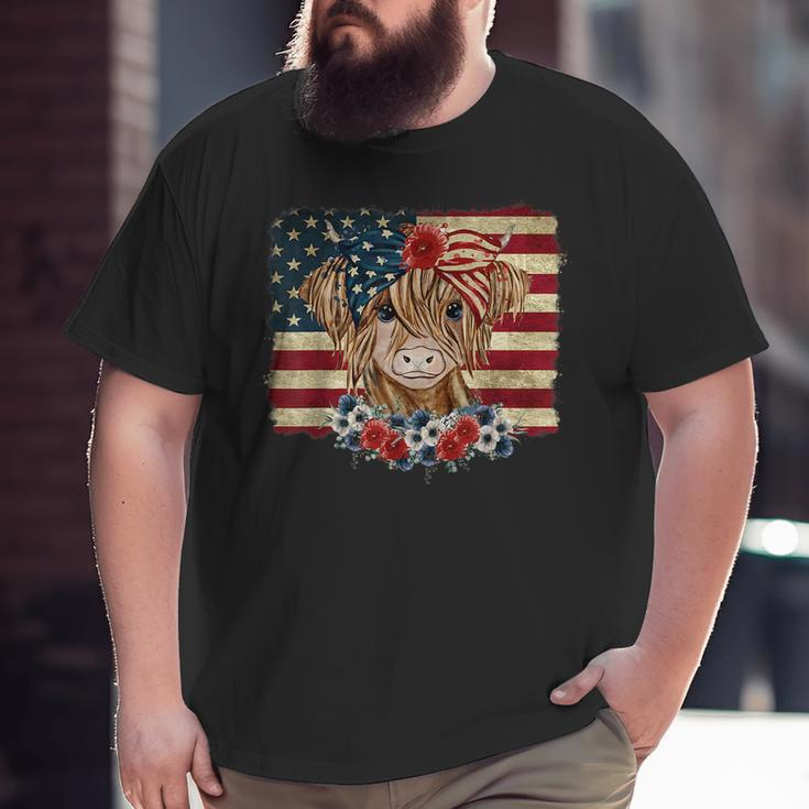 Funny 4Th Of July Merica Highland Cow America Flag Big and Tall Men Graphic T-shirt