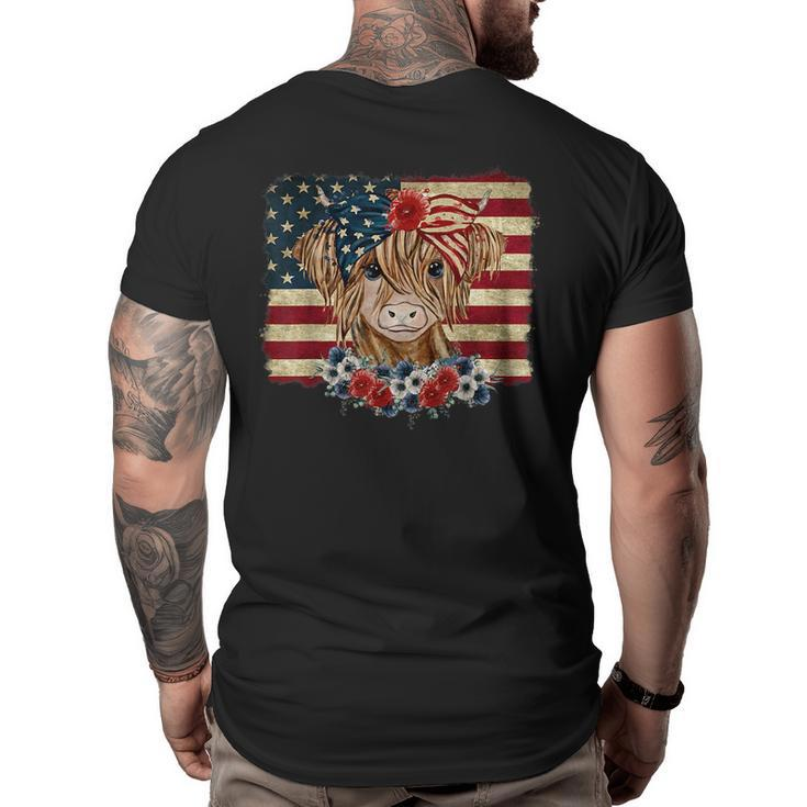 Funny 4Th Of July Merica Highland Cow America Flag  Big and Tall Men Back Print T-shirt