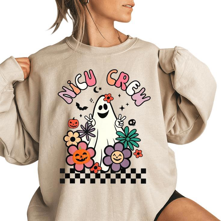 Retro Halloween Nicu Crew Nurse Groovy Floral Ghost Boo Women's Oversized Sweatshirt