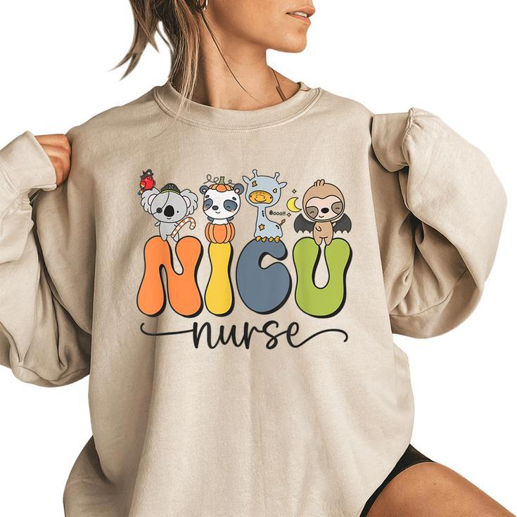 Retro Halloween Nicu Nurse Dinosaur Neonatal Icu Pumpkin Women's Oversized Sweatshirt