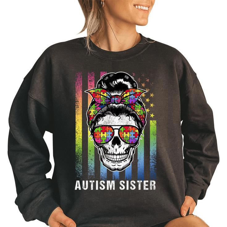 Autism Sister Cool Messy Bun Girl Usa American Flag Vintage   Gifts For Sister Funny Gifts Women Oversized Sweatshirt