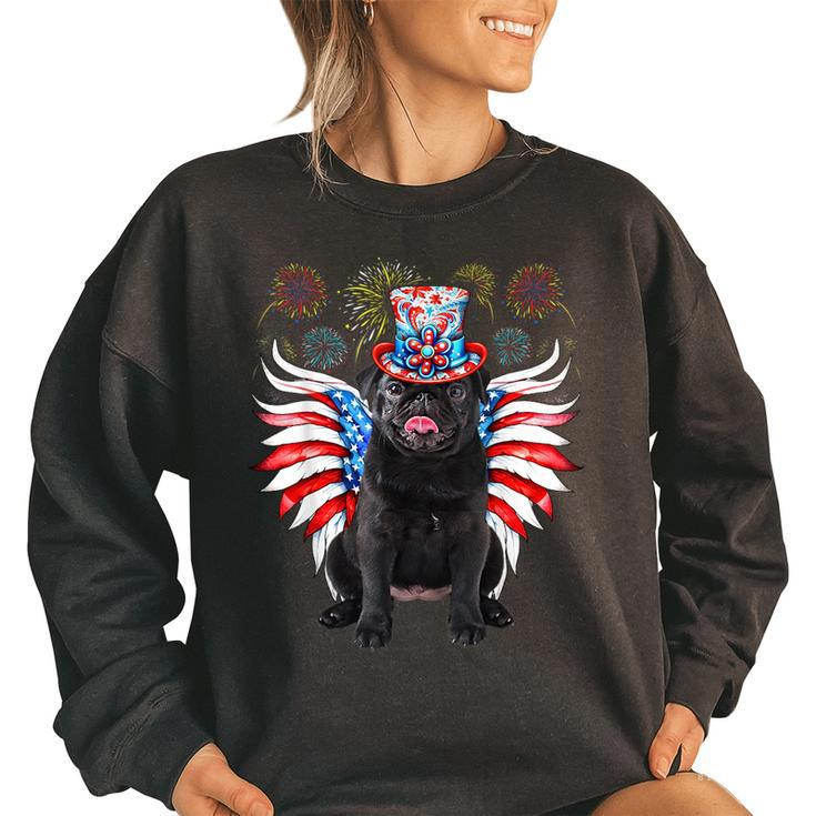 Funny Black Pug 4Th Of July Dog Usa Eagle Wing Flag Dad Mom  Gifts For Mom Funny Gifts Women Oversized Sweatshirt