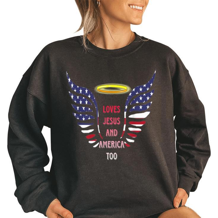 Loves Jesus And America Too Angels Wings 4Th Of July Groovy  Women Oversized Sweatshirt