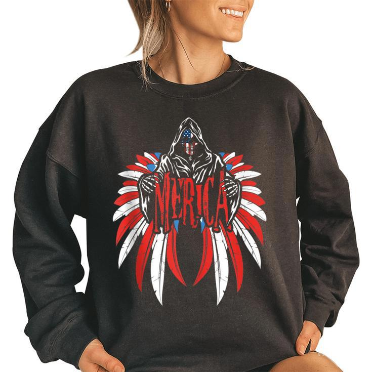 Merica Skull Freedom Wings American Flag 4Th Of July Freedom Funny Gifts Women Oversized Sweatshirt