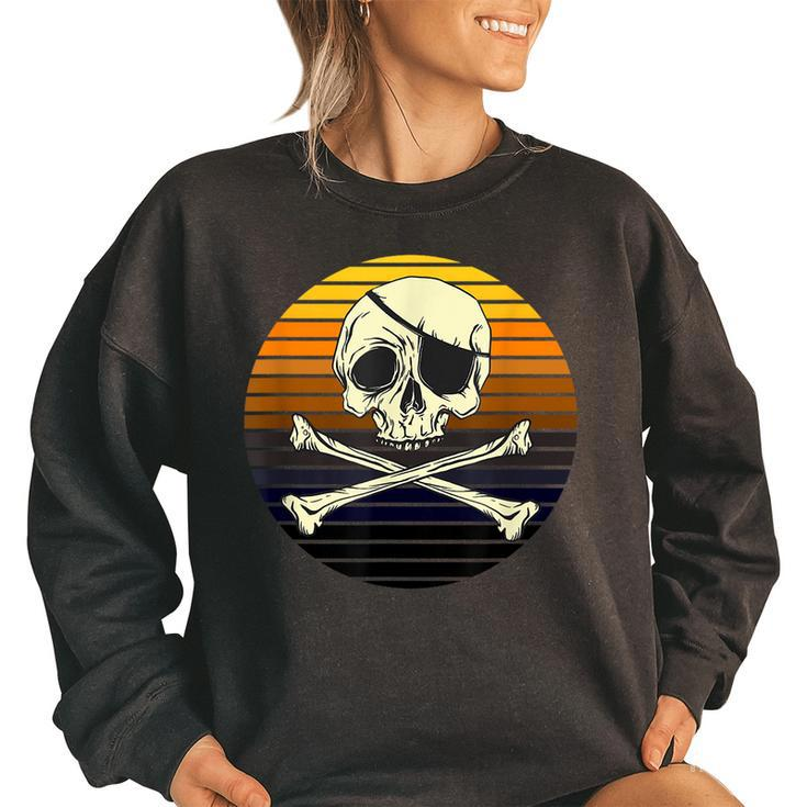 Skeleton Pirate Jolly Rogers Retro Sunset Halloween Costume  Women Oversized Sweatshirt