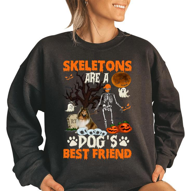 Skeletons Shetland Sheepdog Is Friends Funny Halloween   Women Oversized Sweatshirt