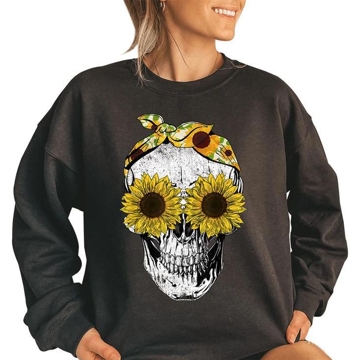 Skull Sunflower  Floral Bandana Skeleton Head  Women Oversized Sweatshirt